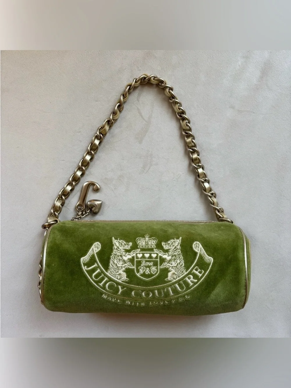 JUICY COUTURE Olive Velvet Logo Shoulder Bag with Chain Strap